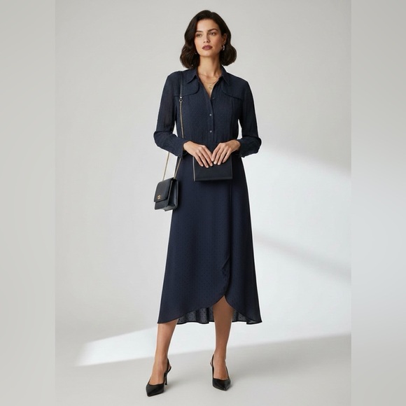 Sandro Paris Tops - Sandro Paris Navy Swiss Dot Pleated Midi Shirt Dress Scallop Yoke 12